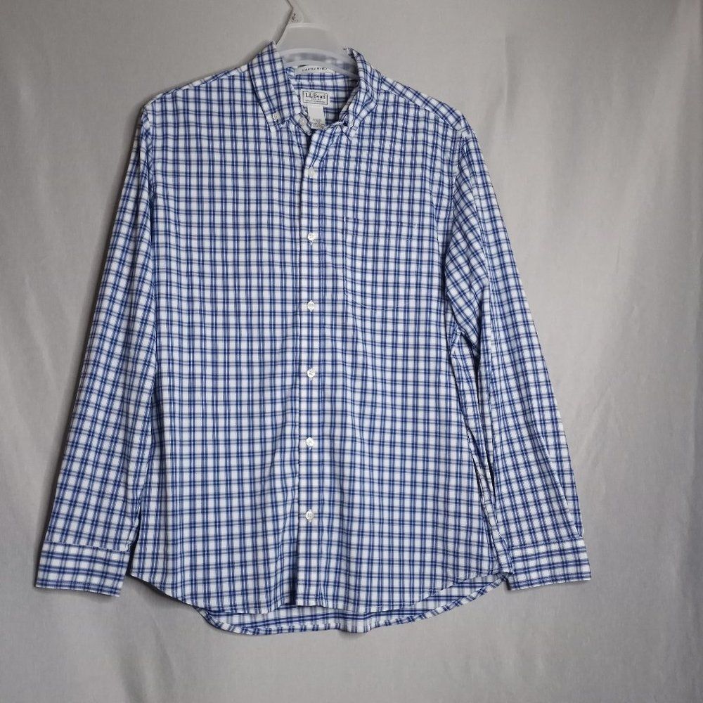 L.L. Bean Men's Slightly Fitted Blue/White Plaid Long Sleeve Button Shirt Size L